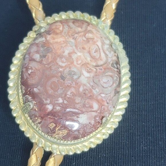 Vintage Western Style Bolo Tie Agate Stone Rhodochrosite Gemstone Cabochon Bezel - Picture 4 of 8